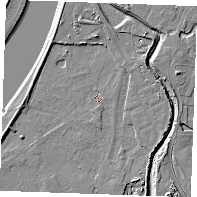 Shaded relief map of the ground around PE305JP, computed from Environment Agency LiDAR. The ground here sits at about 3 m above sea level and falls 10 m across the surrounding 800 m. Surface water reaching this point runs off ground lying to the south, 1.6 m higher.