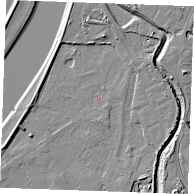 Shaded relief map of the ground around PE305JQ, computed from Environment Agency LiDAR. The ground here sits at about 3 m above sea level and falls 10 m across the surrounding 800 m. Surface water reaching this point runs off ground lying to the south, 1.6 m higher.