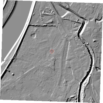 Shaded relief map of the ground around PE305JR, computed from Environment Agency LiDAR. The ground here sits at about 3 m above sea level and falls 8 m across the surrounding 800 m. Surface water reaching this point runs off ground lying to the north-east, 2.1 m higher.