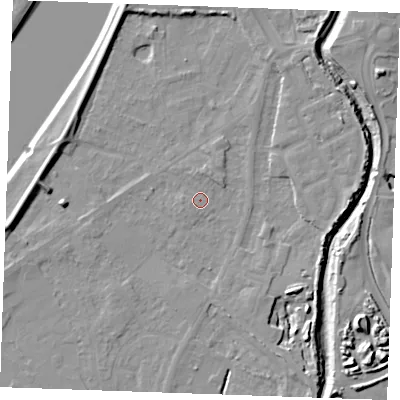 Shaded relief map of the ground around PE305JT, computed from Environment Agency LiDAR. The ground here sits at about 4 m above sea level and falls 11 m across the surrounding 800 m. Surface water reaching this point runs off ground lying to the north-north-east, 1.3 m higher.