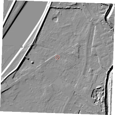 Shaded relief map of the ground around PE305JU, computed from Environment Agency LiDAR. The ground here sits at about 4 m above sea level and falls 8 m across the surrounding 800 m. Surface water reaching this point runs off ground lying to the east, 1.6 m higher.