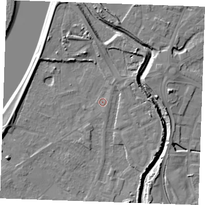 Shaded relief map of the ground around PE305JW, computed from Environment Agency LiDAR. The ground here sits at about 4 m above sea level and falls 8 m across the surrounding 800 m. Surface water reaching this point runs off ground lying to the south-east, 1.2 m higher.