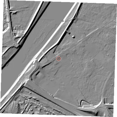 Shaded relief map of the ground around PE305JX, computed from Environment Agency LiDAR. The ground here sits at about 4 m above sea level and falls 9 m across the surrounding 800 m. Surface water reaching this point runs off ground lying to the west-north-west, 1.2 m higher.