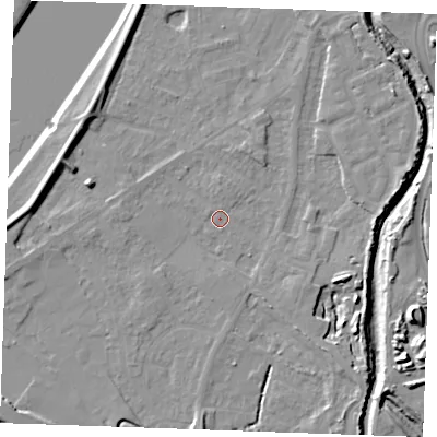 Shaded relief map of the ground around PE305JZ, computed from Environment Agency LiDAR. The ground here sits at about 3 m above sea level and falls 11 m across the surrounding 800 m. Surface water reaching this point runs off ground lying to the north-north-east, 1.9 m higher.
