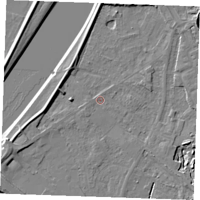 Shaded relief map of the ground around PE305LA, computed from Environment Agency LiDAR. The ground here sits at about 3 m above sea level and falls 8 m across the surrounding 800 m. Surface water reaching this point runs off ground lying to the south-west, 1.7 m higher.