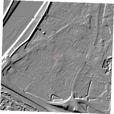 Shaded relief map of the ground around PE305LD, computed from Environment Agency LiDAR. The ground here sits at about 4 m above sea level and falls 9 m across the surrounding 800 m. Surface water reaching this point runs off ground lying to the west-south-west, 7.7 m higher.