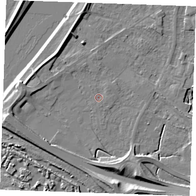 Shaded relief map of the ground around PE305LE, computed from Environment Agency LiDAR. The ground here sits at about 4 m above sea level and falls 10 m across the surrounding 800 m. Surface water reaching this point runs off ground lying to the west-south-west, 8.0 m higher.