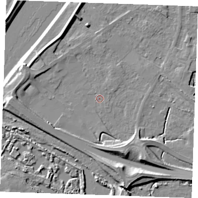 Shaded relief map of the ground around PE305LG, computed from Environment Agency LiDAR. The ground here sits at about 4 m above sea level and falls 10 m across the surrounding 800 m. Surface water reaching this point runs off ground lying to the west, 7.0 m higher.