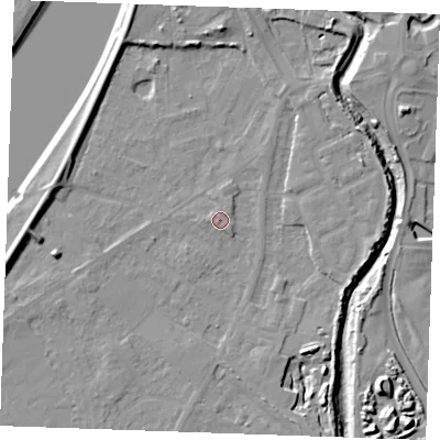 Shaded relief map of the ground around PE305LH, computed from Environment Agency LiDAR. The ground here sits at about 4 m above sea level and falls 11 m across the surrounding 800 m. Surface water reaching this point runs off ground lying to the north-east, 0.7 m higher.