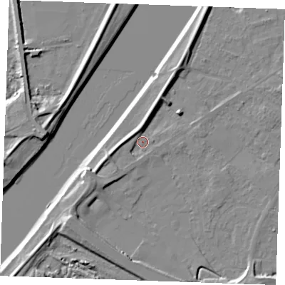 Shaded relief map of the ground around PE305LJ, computed from Environment Agency LiDAR. The ground here sits at about 4 m above sea level and falls 9 m across the surrounding 800 m. Surface water reaching this point runs off ground lying to the south-west, 4.7 m higher.