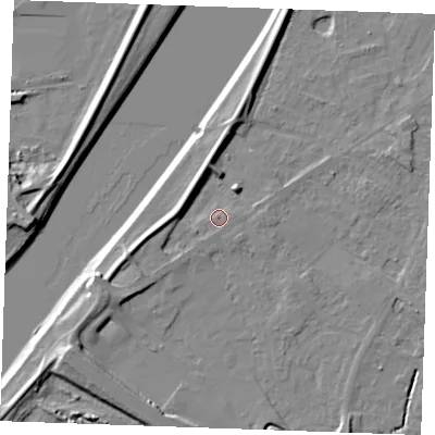 Shaded relief map of the ground around PE305LL, computed from Environment Agency LiDAR. The ground here sits at about 4 m above sea level and falls 9 m across the surrounding 800 m. Surface water reaching this point runs off ground lying to the north-north-east, 3.1 m higher.