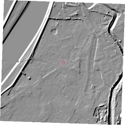 Shaded relief map of the ground around PE305LP, computed from Environment Agency LiDAR. The ground here sits at about 4 m above sea level and falls 10 m across the surrounding 800 m. Surface water reaching this point runs off ground lying to the east-south-east, 1.6 m higher.