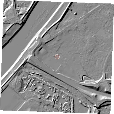 Shaded relief map of the ground around PE305LQ, computed from Environment Agency LiDAR. The ground here sits at about 4 m above sea level and falls 10 m across the surrounding 800 m. Surface water reaching this point runs off ground lying to the west, 6.0 m higher.