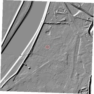 Shaded relief map of the ground around PE305LS, computed from Environment Agency LiDAR. The ground here sits at about 3 m above sea level and falls 8 m across the surrounding 800 m. Surface water reaching this point runs off ground lying to the south-west, 5.0 m higher.