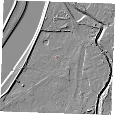 Shaded relief map of the ground around PE305LT, computed from Environment Agency LiDAR. The ground here sits at about 4 m above sea level and falls 8 m across the surrounding 800 m. Surface water reaching this point runs off ground lying to the south-south-east, 1.7 m higher.