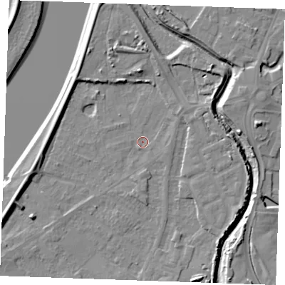 Shaded relief map of the ground around PE305LU, computed from Environment Agency LiDAR. The ground here sits at about 3 m above sea level and falls 8 m across the surrounding 800 m. Surface water reaching this point runs off ground lying to the north-east, 2.2 m higher.