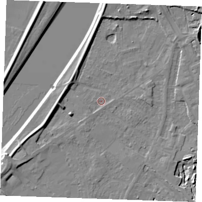 Shaded relief map of the ground around PE305LW, computed from Environment Agency LiDAR. The ground here sits at about 3 m above sea level and falls 8 m across the surrounding 800 m. Surface water reaching this point runs off ground lying to the east, 1.7 m higher.