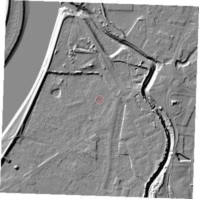 Shaded relief map of the ground around PE305LX, computed from Environment Agency LiDAR. The ground here sits at about 3 m above sea level and falls 9 m across the surrounding 800 m. Surface water reaching this point runs off ground lying to the east-north-east, 2.2 m higher.