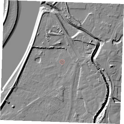Shaded relief map of the ground around PE305LY, computed from Environment Agency LiDAR. The ground here sits at about 3 m above sea level and falls 9 m across the surrounding 800 m. Surface water reaching this point runs off ground lying to the north, 6.3 m higher.
