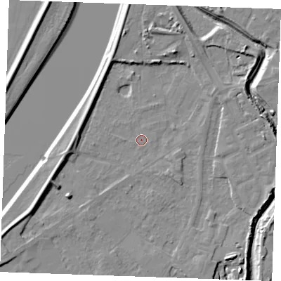 Shaded relief map of the ground around PE305NA, computed from Environment Agency LiDAR. The ground here sits at about 3 m above sea level and falls 8 m across the surrounding 800 m. Surface water reaching this point runs off ground lying to the south-east, 1.7 m higher.