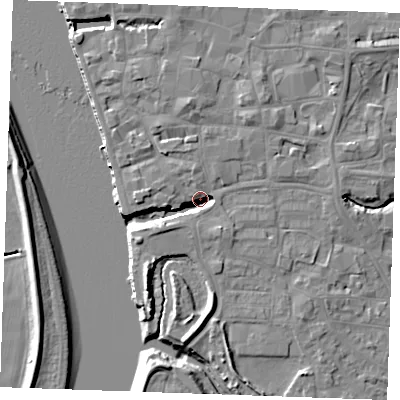 Shaded relief map of the ground around PE305ND, computed from Environment Agency LiDAR. The ground here sits at about 4 m above sea level and falls 10 m across the surrounding 800 m. Surface water reaching this point runs off ground lying to the south-east, 6.4 m higher.