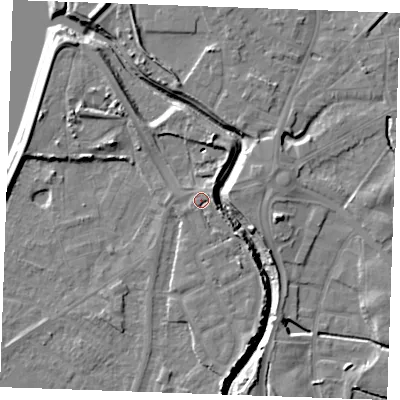Shaded relief map of the ground around PE305NE, computed from Environment Agency LiDAR. The ground here sits at about 5 m above sea level and falls 9 m across the surrounding 800 m. Surface water reaching this point runs off ground lying to the east-north-east, 2.3 m higher.