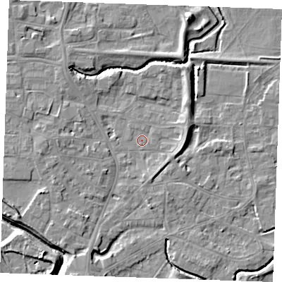 Shaded relief map of the ground around PE305NF, computed from Environment Agency LiDAR. The ground here sits at about 3 m above sea level and falls 7 m across the surrounding 800 m. Surface water reaching this point runs off ground lying to the west, 3.4 m higher.