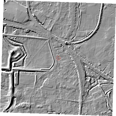 Shaded relief map of the ground around PE305NG, computed from Environment Agency LiDAR. The ground here sits at about 3 m above sea level and falls 7 m across the surrounding 800 m. Surface water reaching this point runs off ground lying to the west-south-west, 5.0 m higher.