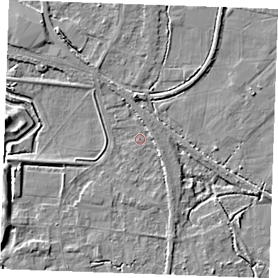 Shaded relief map of the ground around PE305NH, computed from Environment Agency LiDAR. The ground here sits at about 3 m above sea level and falls 7 m across the surrounding 800 m. Surface water reaching this point runs off ground lying to the west-south-west, 5.0 m higher.