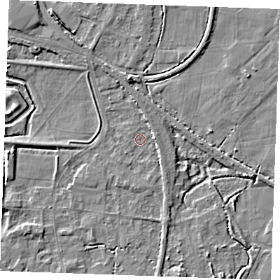Shaded relief map of the ground around PE305NJ, computed from Environment Agency LiDAR. The ground here sits at about 3 m above sea level and falls 5 m across the surrounding 800 m. Surface water reaching this point runs off ground lying to the east, 1.9 m higher.