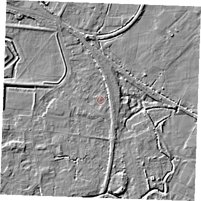 Shaded relief map of the ground around PE305NL, computed from Environment Agency LiDAR. The ground here sits at about 3 m above sea level and falls 5 m across the surrounding 800 m. Surface water reaching this point runs off ground lying to the east-north-east, 1.6 m higher.