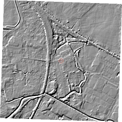 Shaded relief map of the ground around PE305NP, computed from Environment Agency LiDAR. The ground here sits at about 3 m above sea level and falls 5 m across the surrounding 800 m. Surface water reaching this point runs off ground lying to the west-south-west, 1.5 m higher.