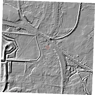 Shaded relief map of the ground around PE305NQ, computed from Environment Agency LiDAR. The ground here sits at about 3 m above sea level and falls 7 m across the surrounding 800 m. Surface water reaching this point runs off ground lying to the west-south-west, 5.0 m higher.