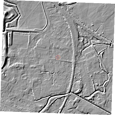 Shaded relief map of the ground around PE305NT, computed from Environment Agency LiDAR. The ground here sits at about 3 m above sea level and falls 7 m across the surrounding 800 m. Surface water reaching this point runs off ground lying to the east-south-east, 1.3 m higher.