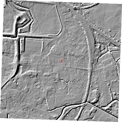 Shaded relief map of the ground around PE305NU, computed from Environment Agency LiDAR. The ground here sits at about 3 m above sea level and falls 7 m across the surrounding 800 m. Surface water reaching this point runs off ground lying to the east-south-east, 1.3 m higher.