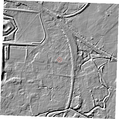 Shaded relief map of the ground around PE305NW, computed from Environment Agency LiDAR. The ground here sits at about 3 m above sea level and falls 7 m across the surrounding 800 m. Surface water reaching this point runs off ground lying to the north-east, 1.6 m higher.