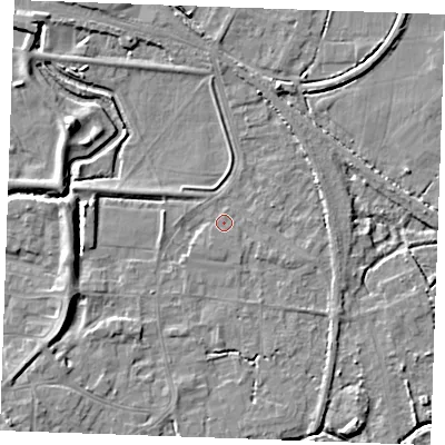Shaded relief map of the ground around PE305NZ, computed from Environment Agency LiDAR. The ground here sits at about 3 m above sea level and falls 7 m across the surrounding 800 m. Surface water reaching this point runs off ground lying to the south-west, 2.2 m higher.