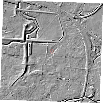 Shaded relief map of the ground around PE305PA, computed from Environment Agency LiDAR. The ground here sits at about 3 m above sea level and falls 7 m across the surrounding 800 m. Surface water reaching this point runs off ground lying to the south-west, 3.6 m higher.