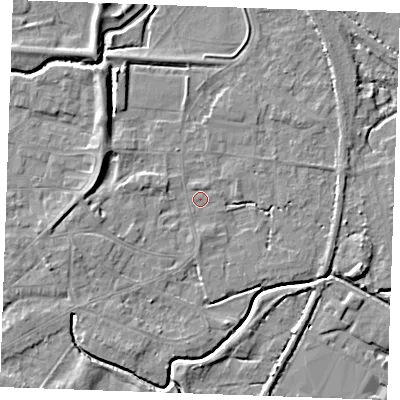 Shaded relief map of the ground around PE305PD, computed from Environment Agency LiDAR. The ground here sits at about 3 m above sea level and falls 6 m across the surrounding 800 m. Surface water reaching this point runs off ground lying to the south, 1.1 m higher.