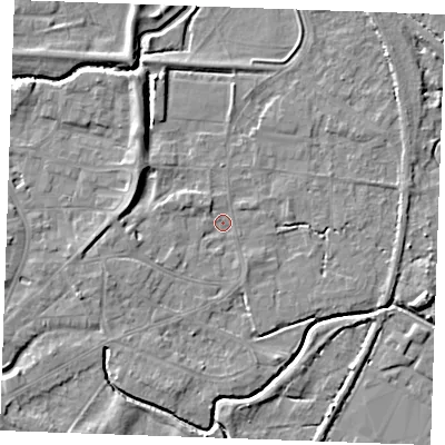 Shaded relief map of the ground around PE305PE, computed from Environment Agency LiDAR. The ground here sits at about 3 m above sea level and falls 6 m across the surrounding 800 m. Surface water reaching this point runs off ground lying to the west, 2.3 m higher.