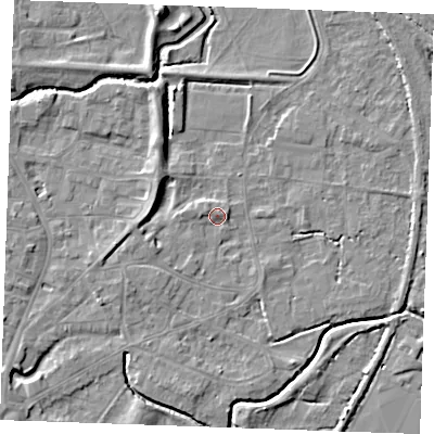Shaded relief map of the ground around PE305PF, computed from Environment Agency LiDAR. The ground here sits at about 4 m above sea level and falls 7 m across the surrounding 800 m. Surface water reaching this point runs off ground lying to the east-north-east, 1.4 m higher.