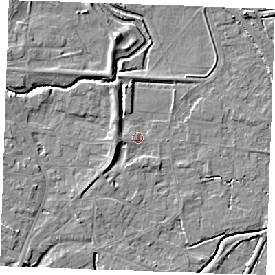 Shaded relief map of the ground around PE305PG, computed from Environment Agency LiDAR. The ground here sits at about 4 m above sea level and falls 7 m across the surrounding 800 m. Surface water reaching this point runs off ground lying to the south-west, 3.6 m higher.