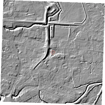 Shaded relief map of the ground around PE305PH, computed from Environment Agency LiDAR. The ground here sits at about 3 m above sea level and falls 7 m across the surrounding 800 m. Surface water reaching this point runs off ground lying to the west-south-west, 3.6 m higher.