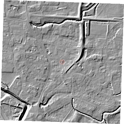 Shaded relief map of the ground around PE305PL, computed from Environment Agency LiDAR. The ground here sits at about 3 m above sea level and falls 7 m across the surrounding 800 m. Surface water reaching this point runs off ground lying to the north-east, 3.8 m higher.