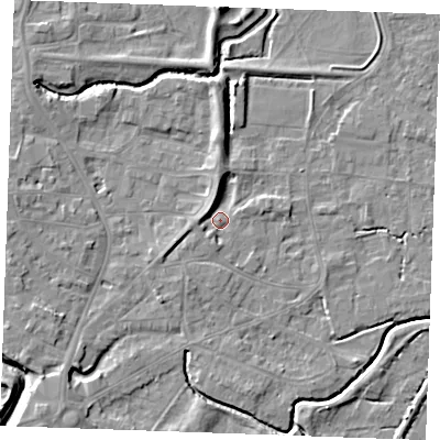 Shaded relief map of the ground around PE305PN, computed from Environment Agency LiDAR. The ground here sits at about 4 m above sea level and falls 7 m across the surrounding 800 m. Surface water reaching this point runs off ground lying to the north-north-west, 3.6 m higher.