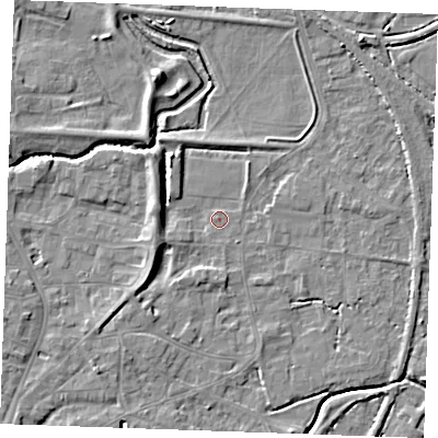 Shaded relief map of the ground around PE305PP, computed from Environment Agency LiDAR. The ground here sits at about 3 m above sea level and falls 7 m across the surrounding 800 m. Surface water reaching this point runs off ground lying to the south-west, 3.6 m higher.