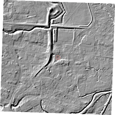 Shaded relief map of the ground around PE305PQ, computed from Environment Agency LiDAR. The ground here sits at about 3 m above sea level and falls 7 m across the surrounding 800 m. Surface water reaching this point runs off ground lying to the west-south-west, 3.6 m higher.