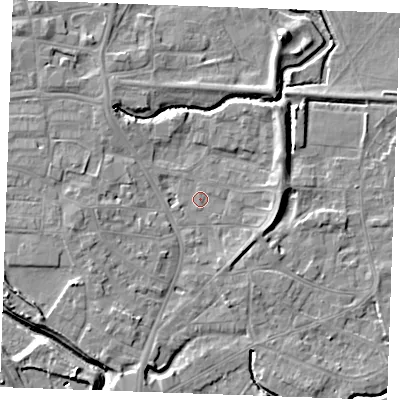 Shaded relief map of the ground around PE305PR, computed from Environment Agency LiDAR. The ground here sits at about 4 m above sea level and falls 7 m across the surrounding 800 m. Surface water reaching this point runs off ground lying to the west-south-west, 3.4 m higher.