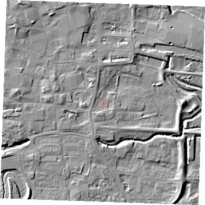 Shaded relief map of the ground around PE305PT, computed from Environment Agency LiDAR. The ground here sits at about 5 m above sea level and falls 7 m across the surrounding 800 m. Surface water reaching this point runs off ground lying to the south-south-west, 1.8 m higher.