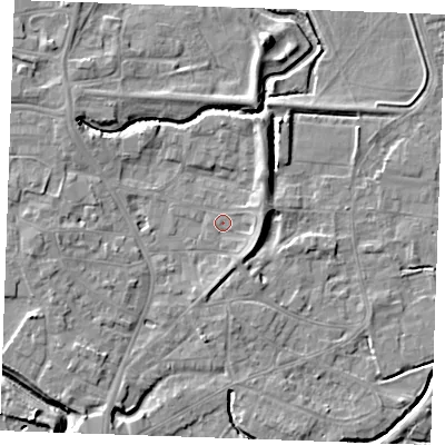 Shaded relief map of the ground around PE305PW, computed from Environment Agency LiDAR. The ground here sits at about 3 m above sea level and falls 7 m across the surrounding 800 m. Surface water reaching this point runs off ground lying to the north-east, 3.8 m higher.